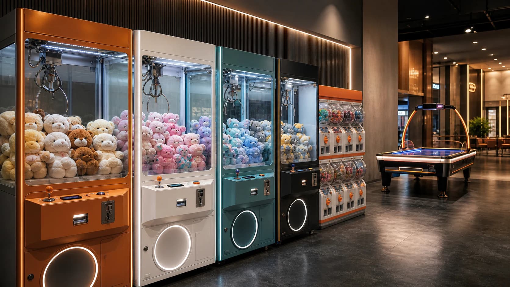 Concept visualization of a family entertainment center with claw machines, capsule vending and air hockey
